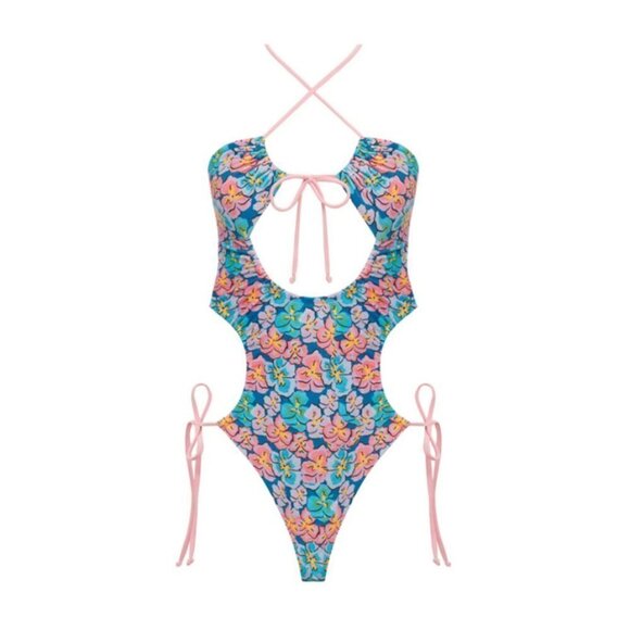 💕FOR LOVE AND LEMONS💕 Yasmin One-Piece Swimsuit ~ Blue Floral Print Small NWT - Picture 7 of 14